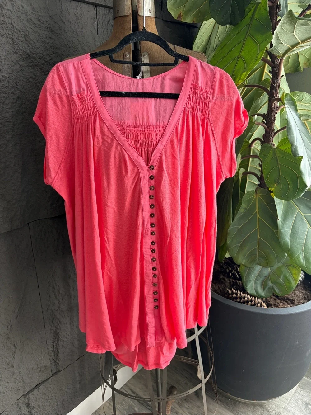 Free People Coral Button-Front V-Neck Blouse